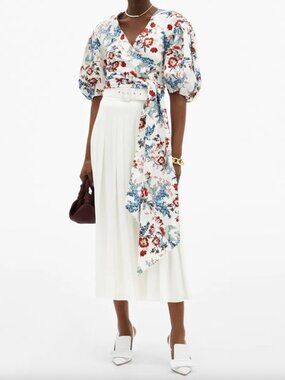 $825 ERDEM White Multi Floral Wrap Cropped Cylenne Bird Blossom Blouse Top sz 4